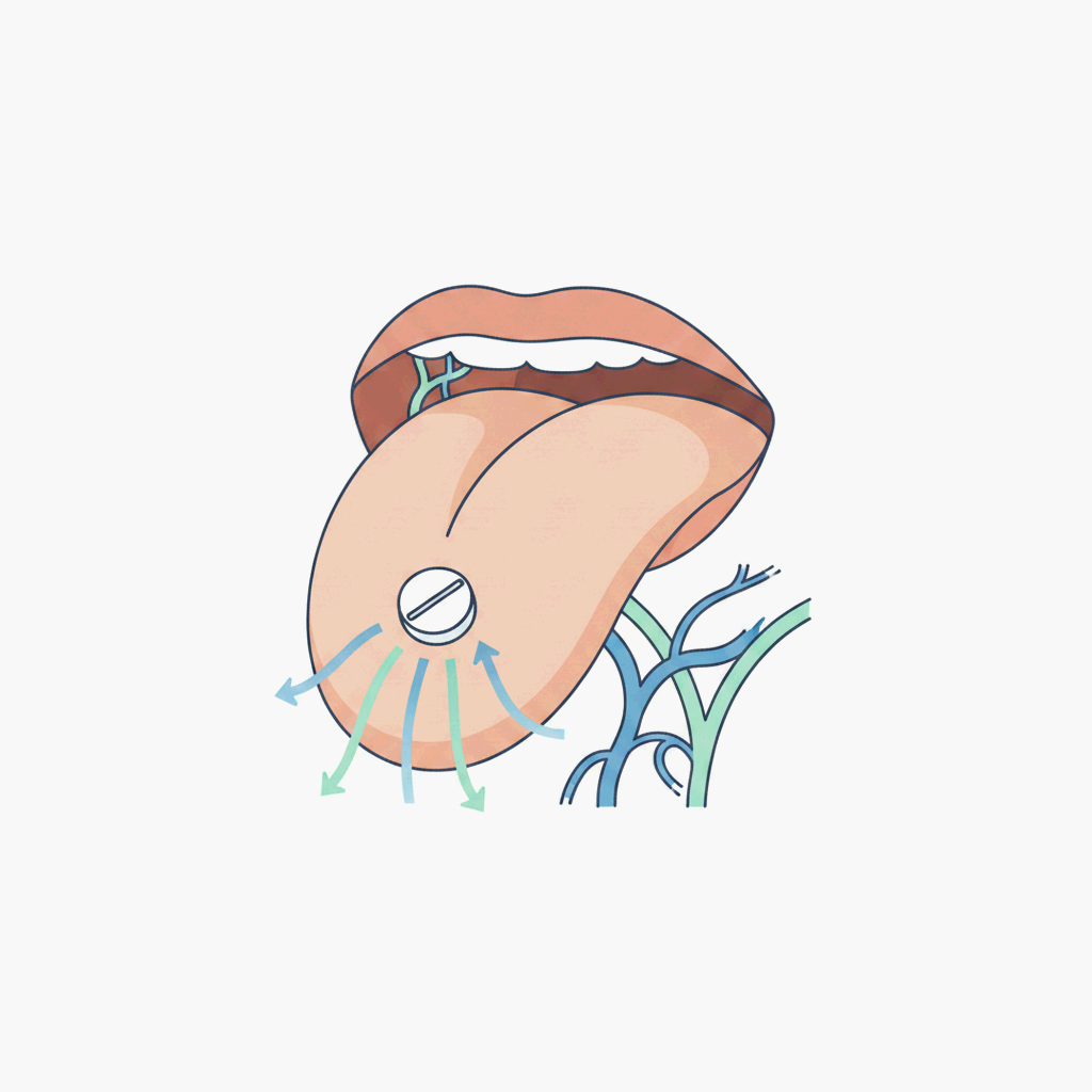 혀 밑에 약을 넣으면 빠르게 효과가 나타나는 점막 흡수의 비밀을 표현한 일러스트레이션