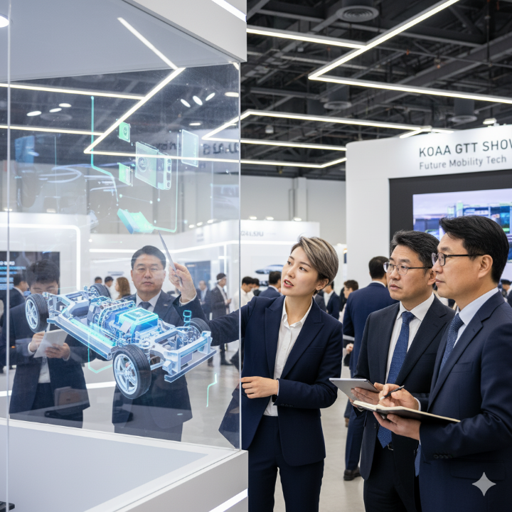 미래차 전장 부품을 설명하는 전문가와 바이어가 상담하는 사진