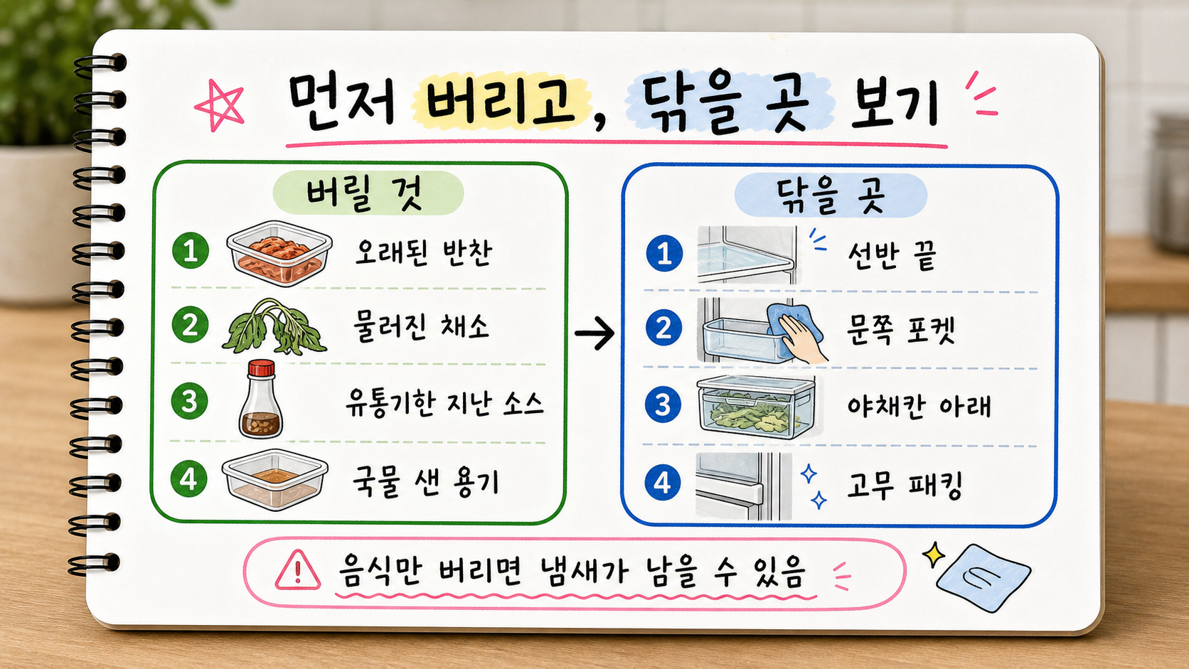 냉장고 냄새 제거를 위해 먼저 버릴 것과 닦을 곳을 정리한 가로형 손글씨 카드