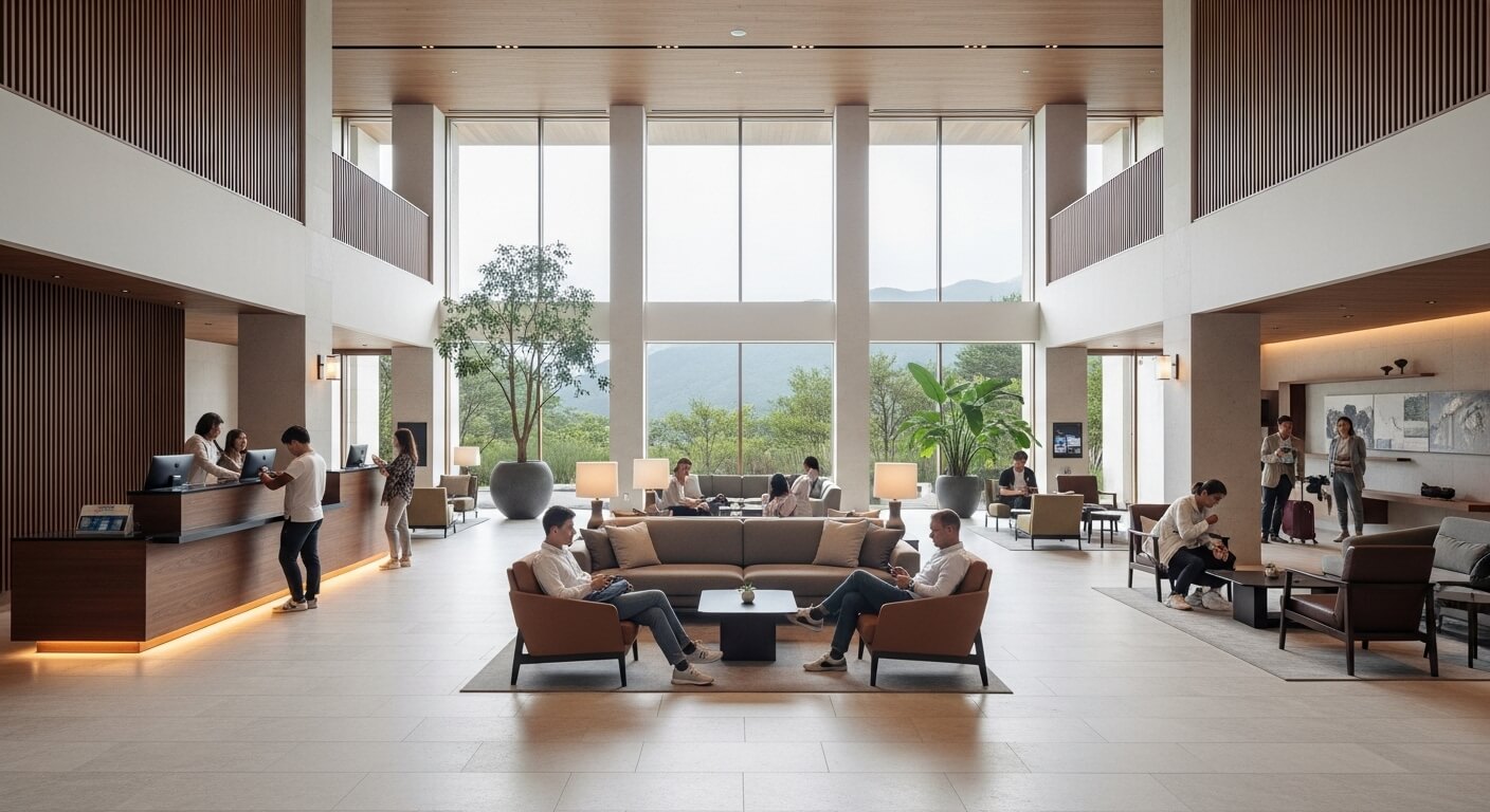 넓은 호텔 로비에서 체크인하는 여행객들