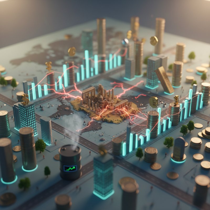 중동 불안정과 유가 급등으로 인한 코스피 충격, 미니어처 디오라마 스타일, 틸트시프트 효과