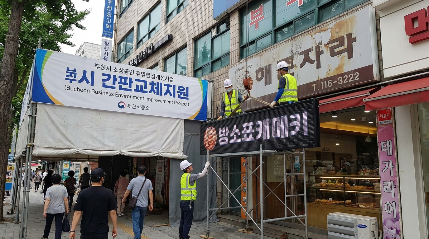 부천 경영환경개선사업의 핵심 지원 항목인 간판 교체 작업 이미지
