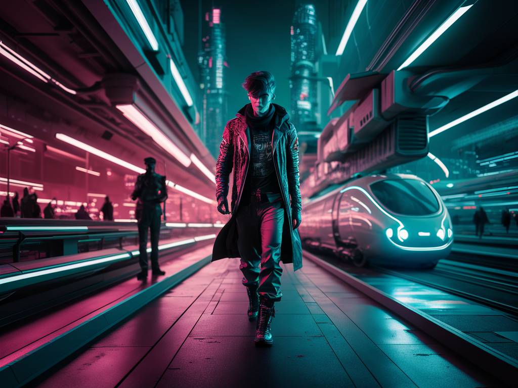 빠르게 변화하는 미래 도시 속에서 새로운 도전을 향해 나아가는 사람의 모습