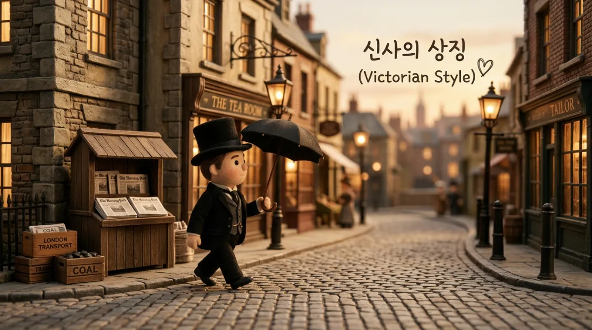 빅토리아 시대 신사가 검은 우산을 들고 있는 모습