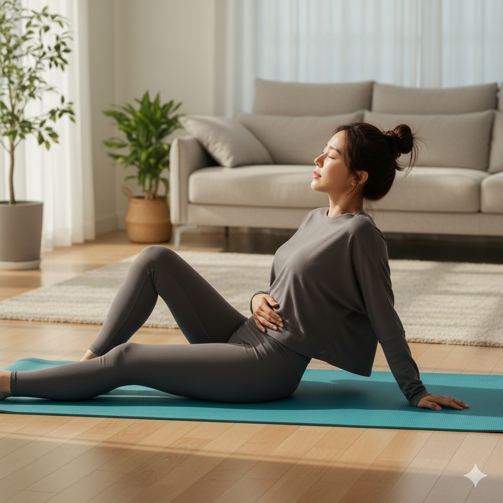 집에서 편안하게 누워있는 사람의 모습