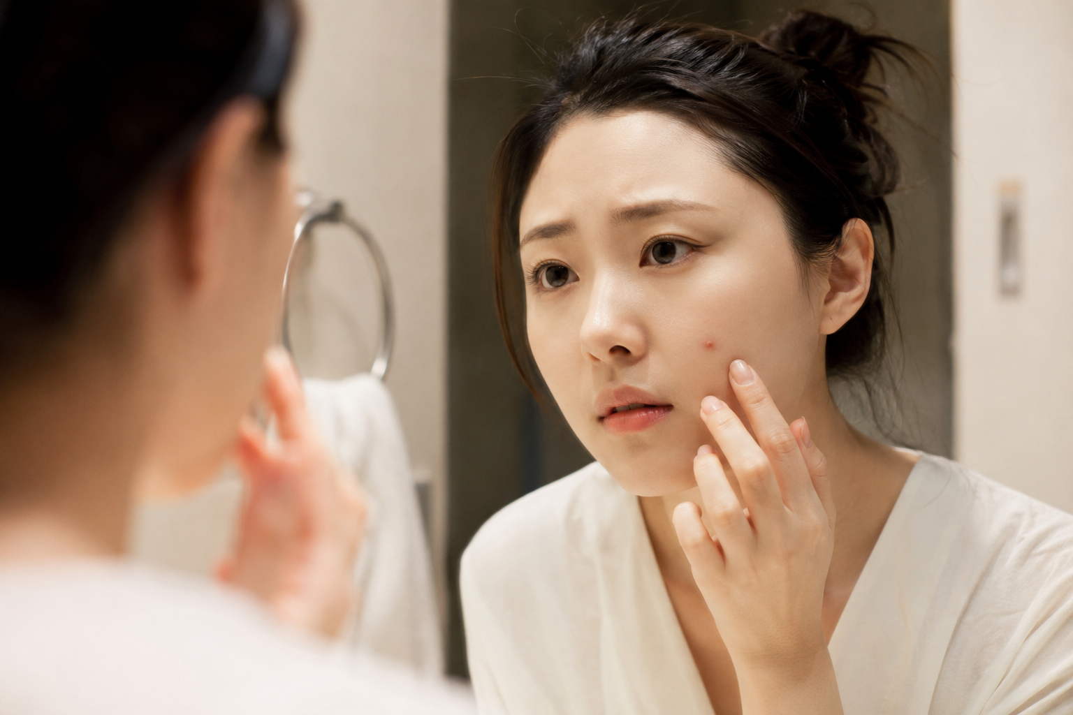 거울 앞에서 염증성 여드름을 만지려다 망설이는 여성
