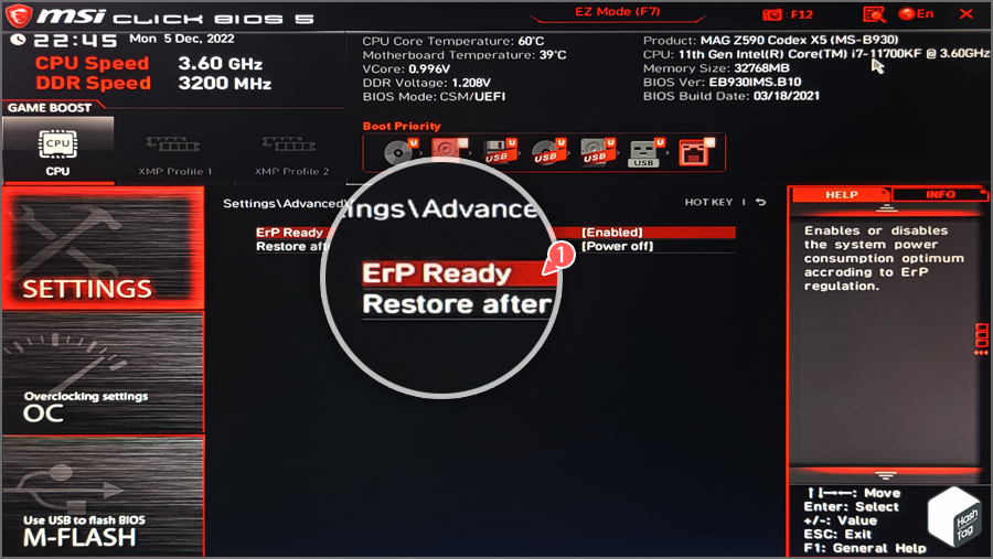 Settings > Advanced > Power Manaement Setup > ErP Ready Enabled