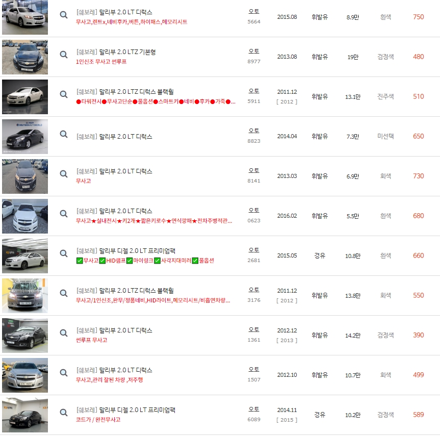 말리부 중고차 시세 : 260만원~990만원