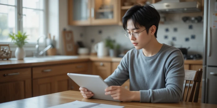 주방 테이블에서 태블릿으로 근로장려금 신청 중인 프리랜서
