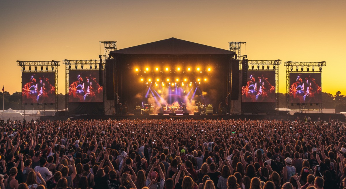 수많은 관중이 모인 라우더 댄 라이프 페스티벌의 해질녘 무대 전경