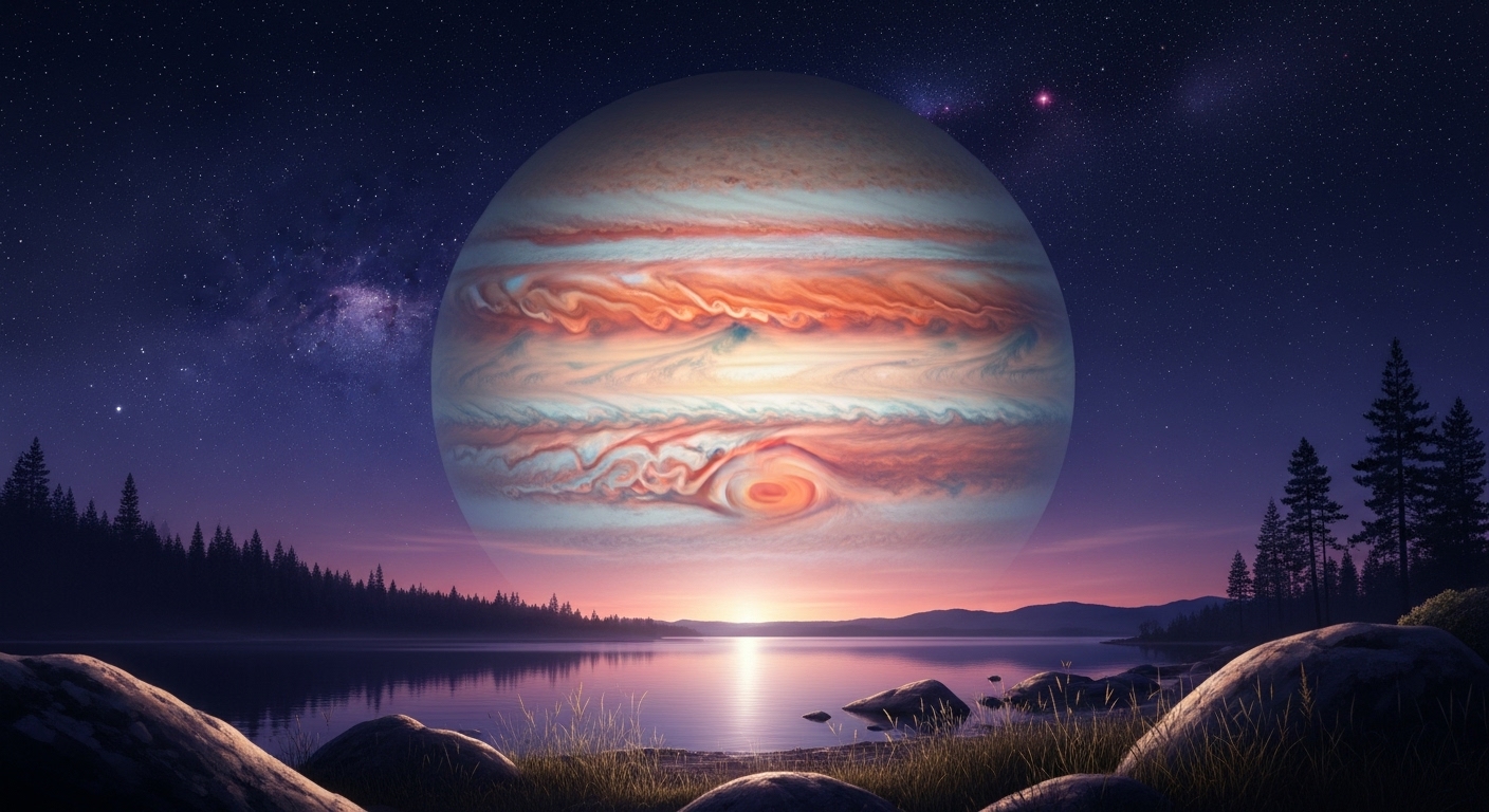 A beautiful and artistic digital painting of Jupiter in the night sky.