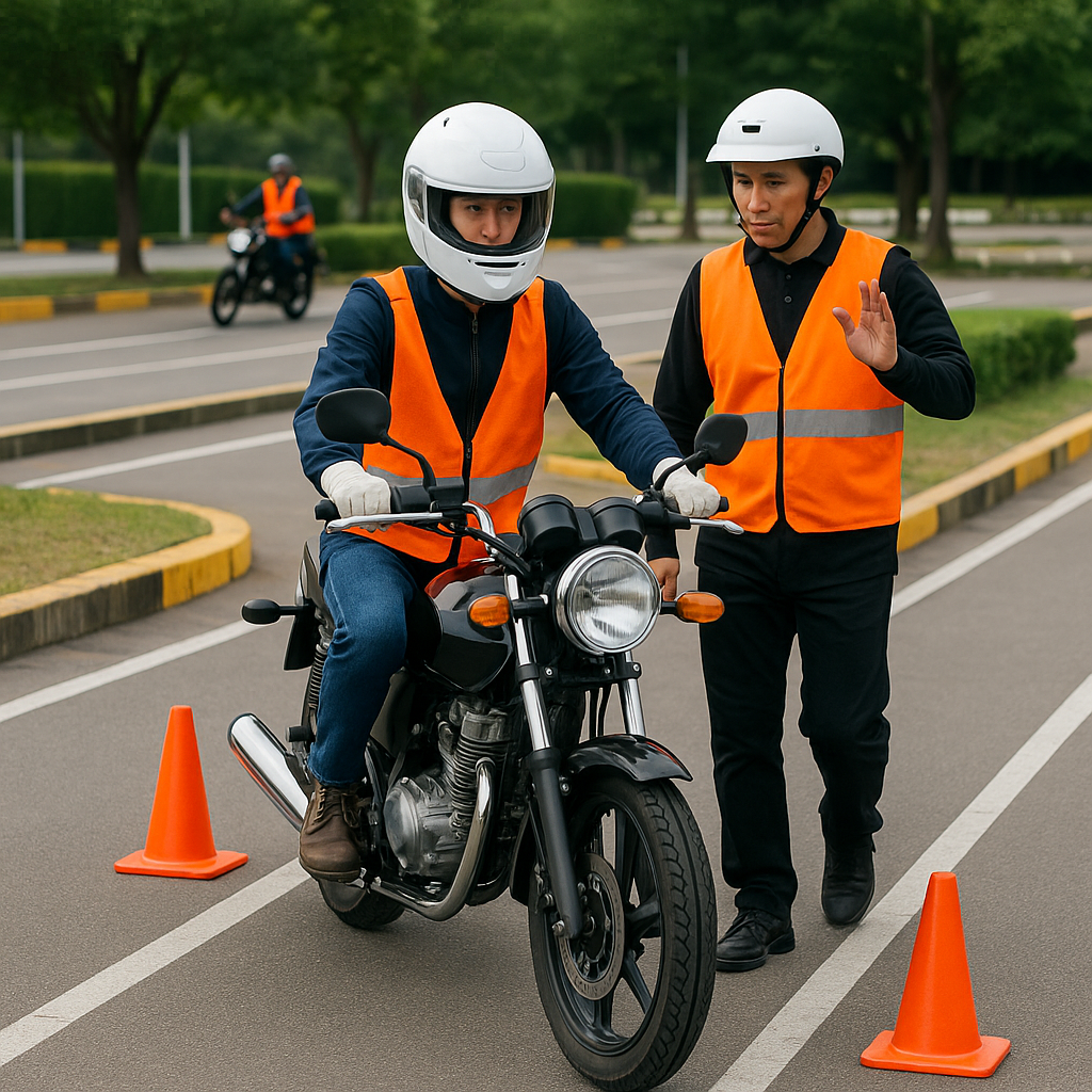 오토바이 학원에서 수강생이 연습 중인 모습