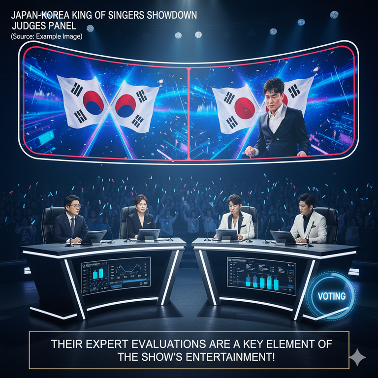 ▲ '한일가왕전' 마스터들의 진지한 평가 장면. 이들의 심사 또한 재미 요소 중 하나입니다. (예시 이미지)