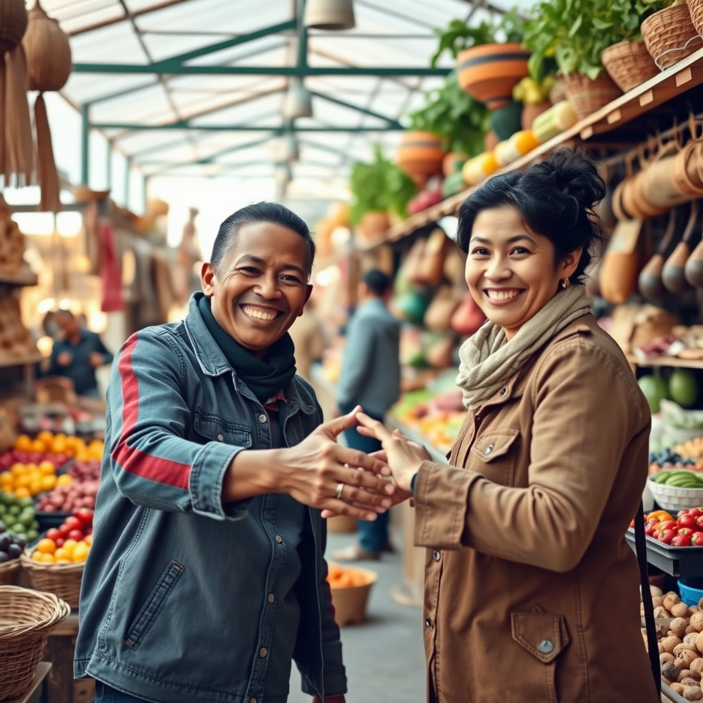 다양한 수공예품이나 농수산물 등이 진열된 아기자기한 상점가를 배경으로, 소상공인과 소비자가 밝은 미소로 교류하는 모습입니다. 손을 맞잡거나 하트 모양을 만드는 상징적인 연출도 좋습니다.