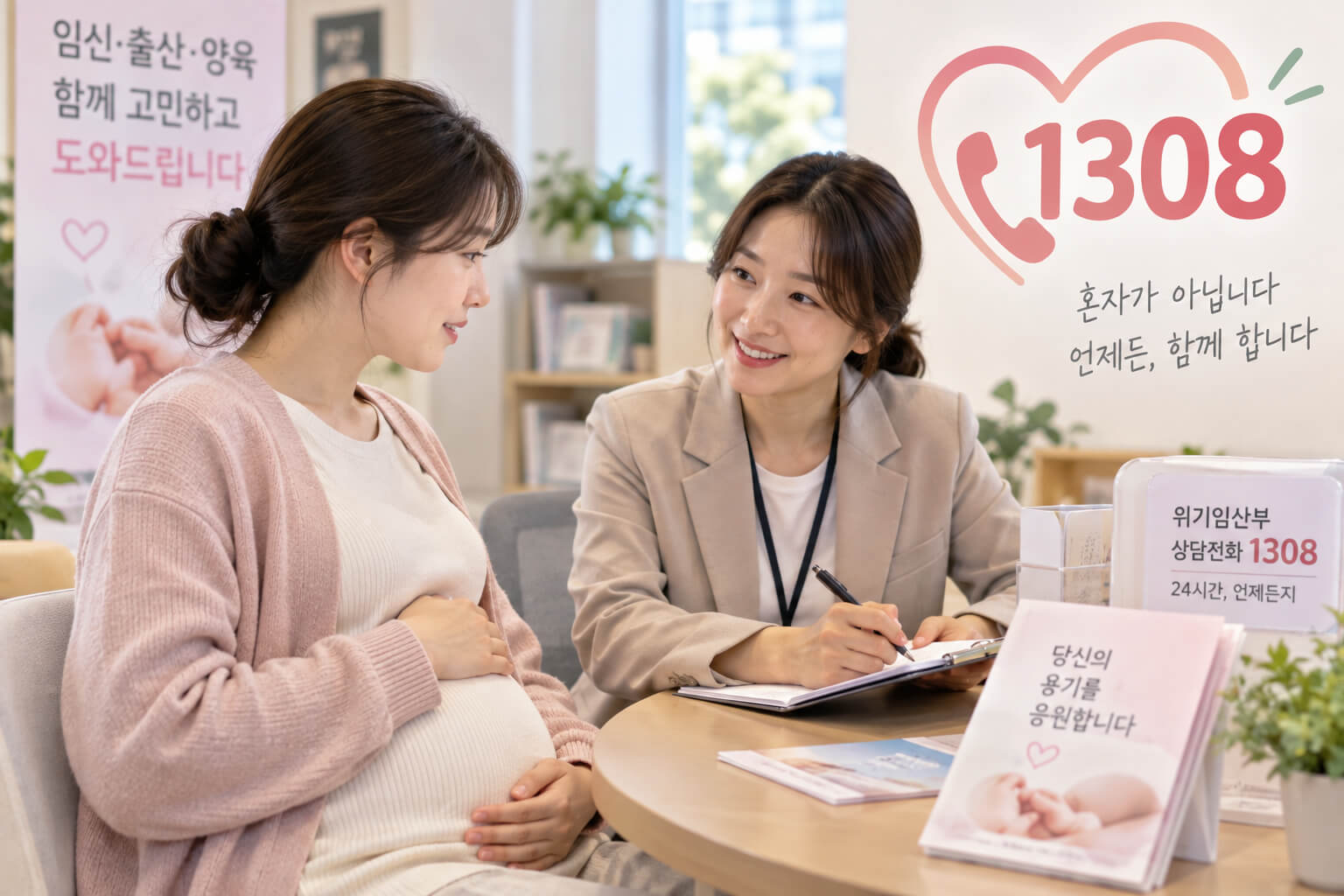 위기임산부가 상담기관에서 전문 상담사와 임신&middot;출산&middot;양육 지원에 대해 상담하는 모습과 1308 상담전화 안내