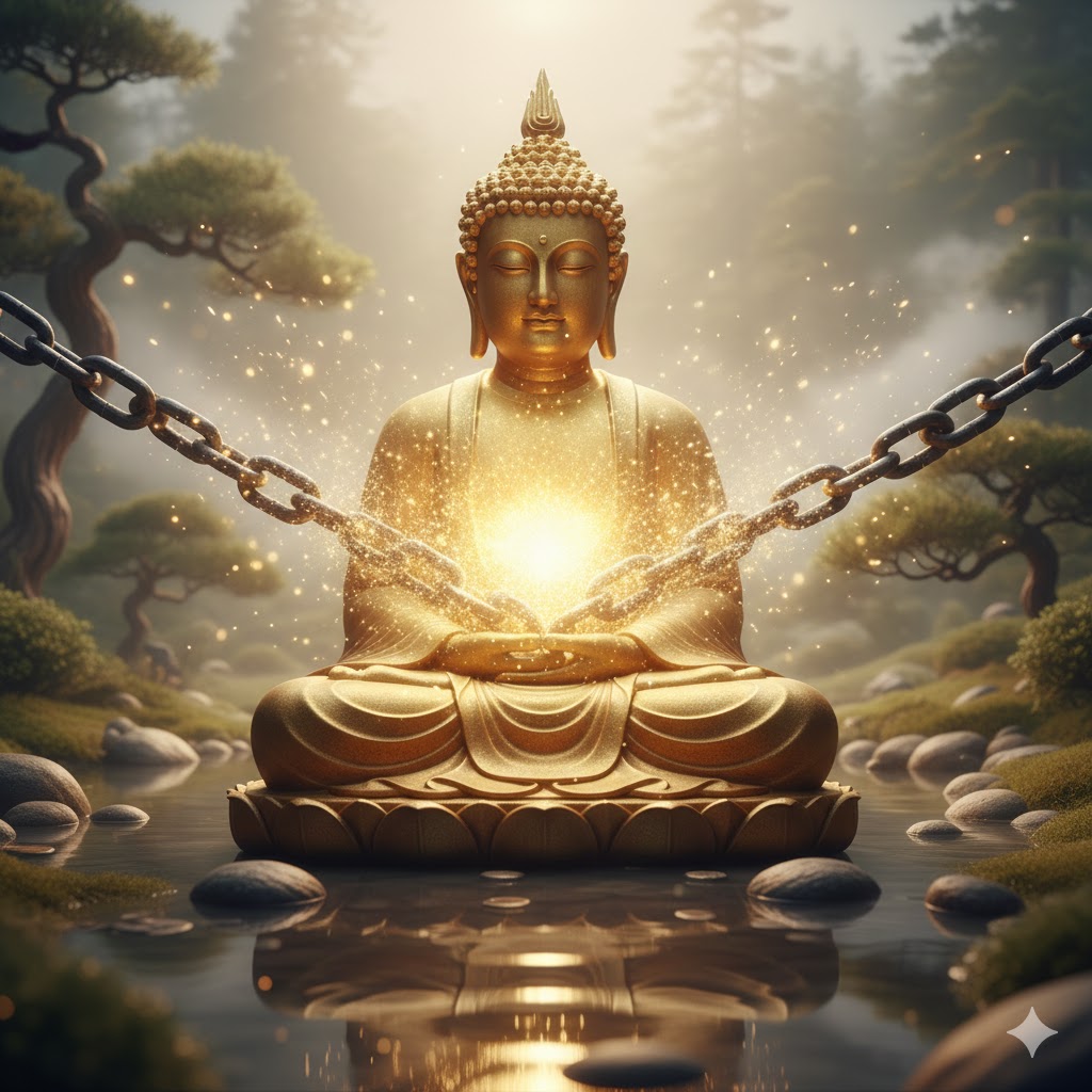 A serene Buddha figure radiating soft golden light, with a heavy iron chain dissolving into glowing sparkles of light in front of him. Calm Zen landscape background.