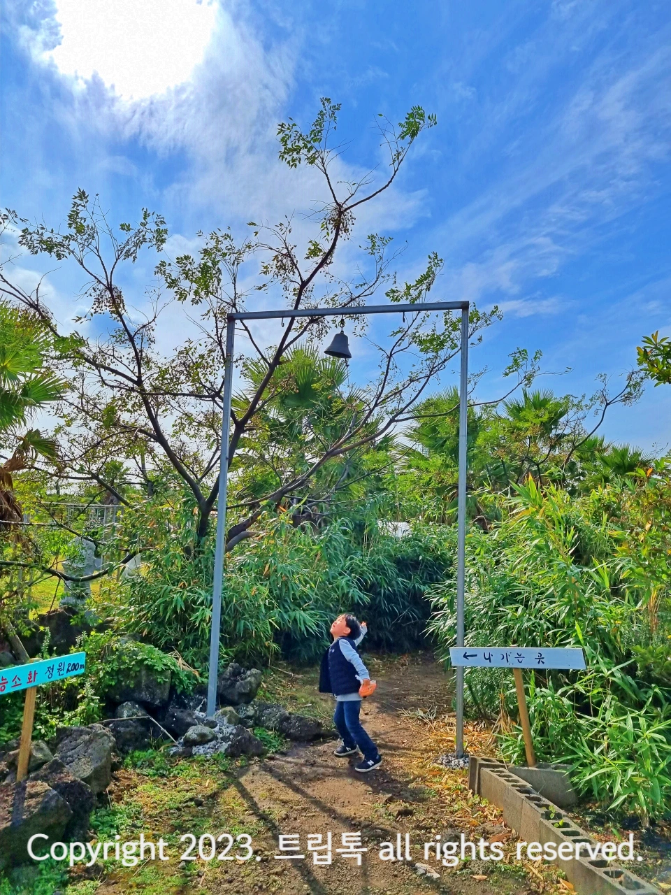 파란하늘 아래 높이 달린 종이 연결되 끈을 흔들며 기뻐하는 아이