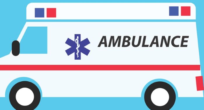 응급의료 서비스를 상징하는 앰뷸런스 일러스트. 흰색 구급차 옆면에 파란색 의료 마크와 ‘AMBULANCE’ 글자가 적혀 있음