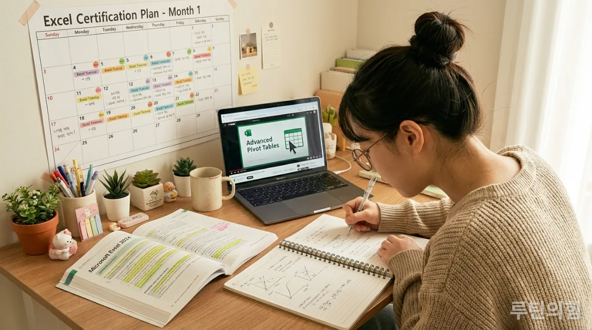 한 달 엑셀 자격증 학습 계획이 있는 한국인 학생의 책상