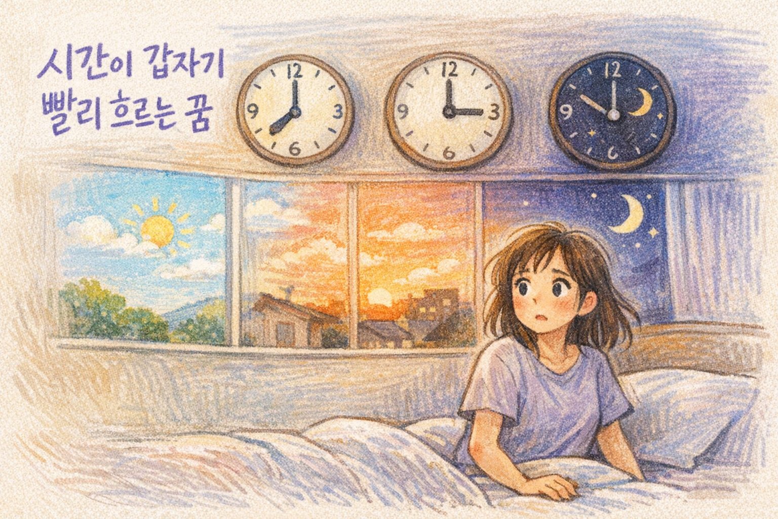 침대에 앉아 있는 성인 여성이 아침·노을·밤이 동시에 보이는 창문과 여러 시계를 바라보며 시간의 흐름이 뒤섞인 상황에 당황한 색연필 스타일 일러스트