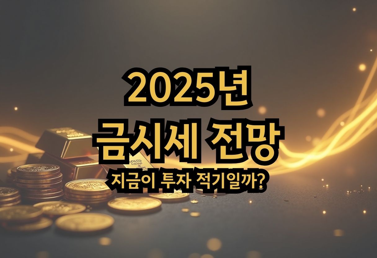 2025년 금값 전망을 다루는 금융 블로그 썸네일, 금괴와 금화, 금 시세 차트 배경