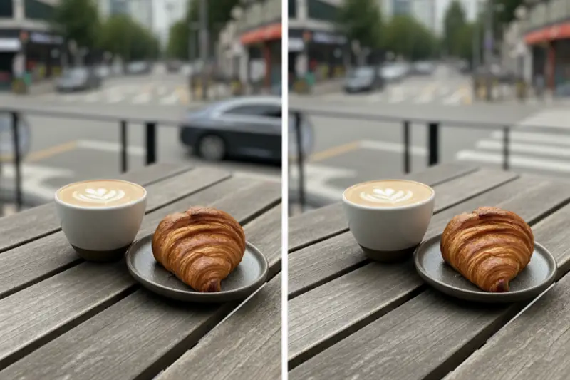 포토샵 객체 제거 꿀팁을 사용해 사진 속 방해물인 전선이 사라지고 음식만 남은 모습