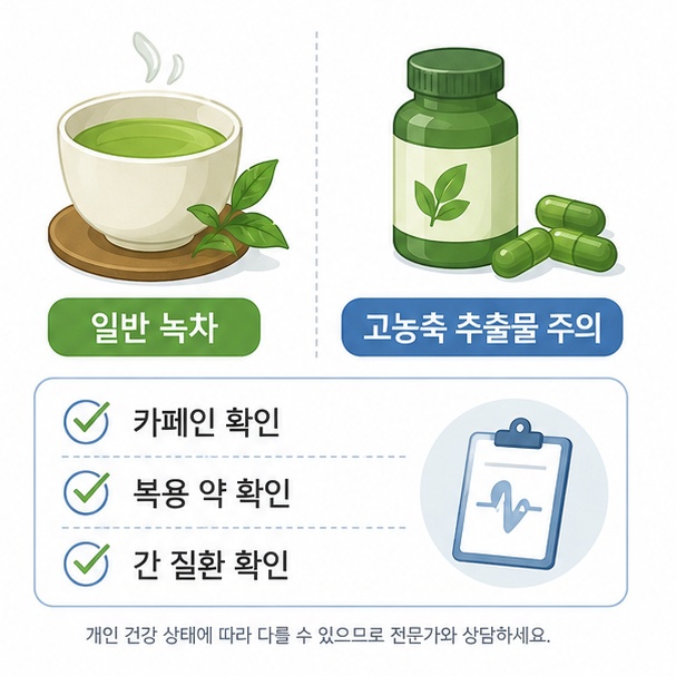 일반 녹차 음료와 고농축 녹차 추출물을 구분하고 카페인, 복용 약, 간 건강 상태를 확인해야 한다는 주의사항을 보여 주는 그림