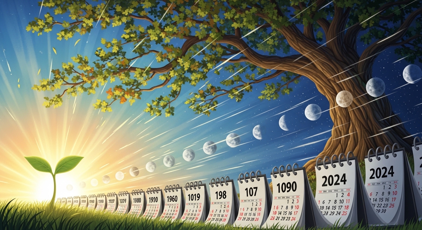Time-lapse style illustration of calendars flipping fast while a small sprout grows into a giant tree.
