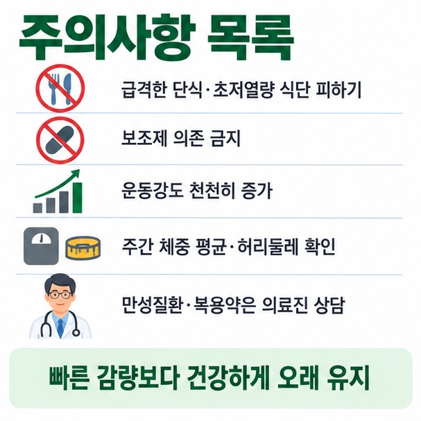 극단적 절식과 보조제 의존을 피하고 체중과 허리둘레를 함께 기록하며 천천히 감량하는 방법을 정리한 이미지