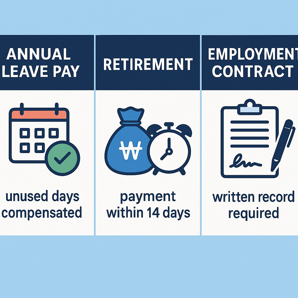 연차수당 미사용분 수당 전환, 퇴직금 계산과 지급 기한, 근로계약서 서면 명시 의무를 설명하는 인포그래픽