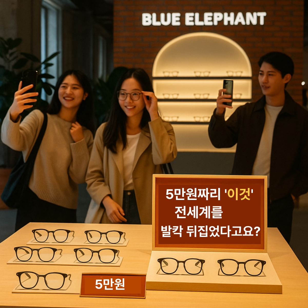 성수동 복합문화공간 안에 세련된 안경 매장이 있고, 5만원짜리 안경이 전시된 장면. 주변에는 젊은 소비자들이 사진을 찍는 모습이 어우러진 &lsquo;블루엘리펀트 스페이스 성수&rsquo; 인포그래픽 디자인.