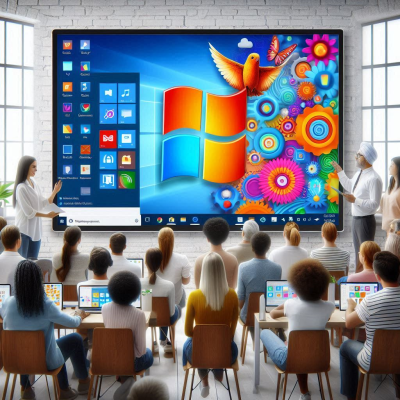 사람들이 모여 대형 화면에 나타난 윈도우 로고를 바라보는 모습.