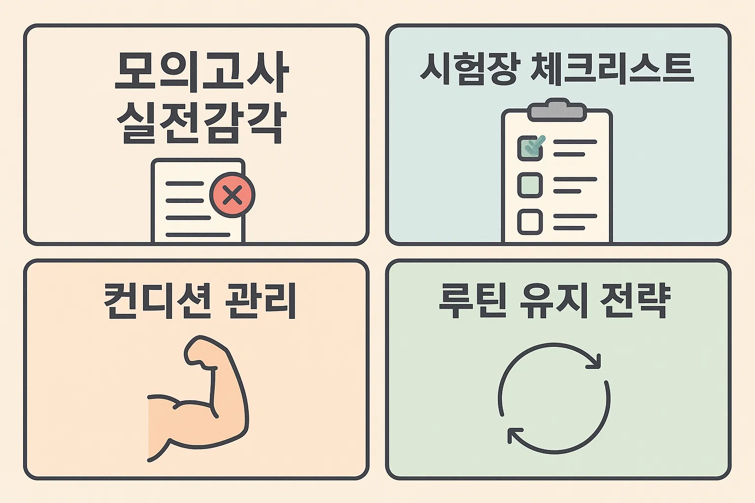 실전 감각을 높이는 모의고사, 시험장 체크리스트, 컨디션 관리, 루틴 유지 전략 등 최종 합격을 위한 준비 팁을 정리한 인포그래픽입니다.