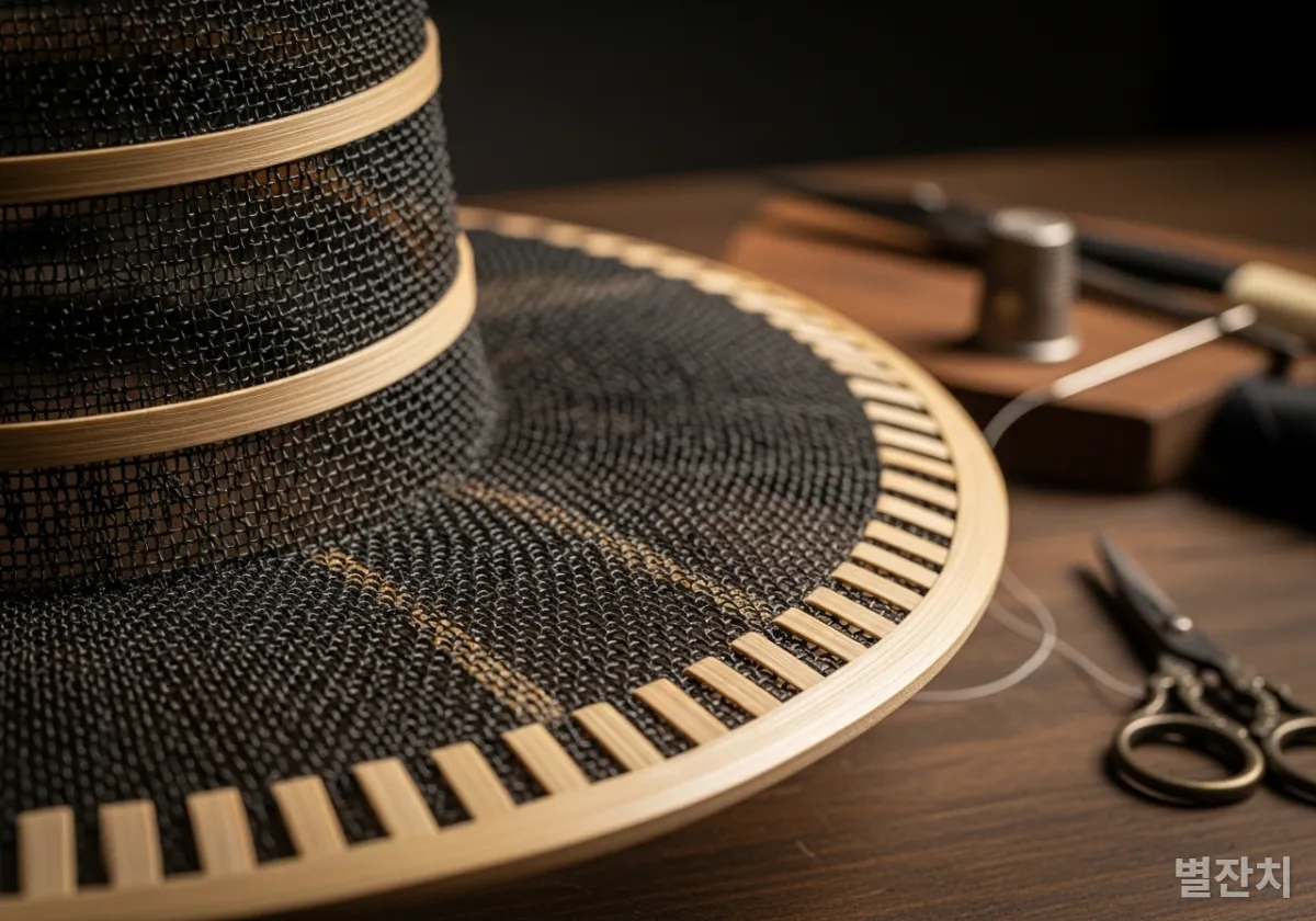 말총과 대나무로 촘촘하게 엮은 갓의 디테일과 투명한 질감을 보여주는 근접 사진