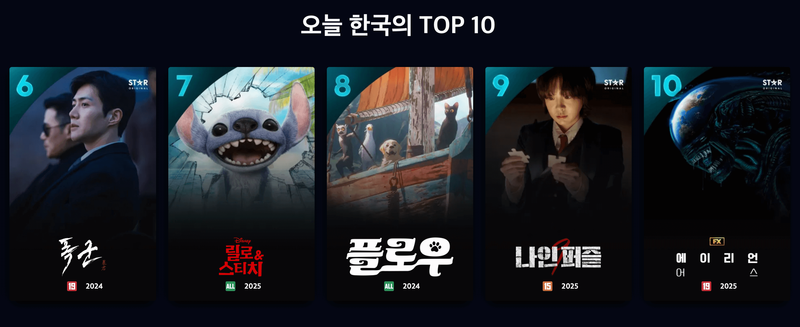오늘 한국의 top 10 5위~10위까지