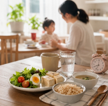 아침 햇살이 들어오는 주방에서 건강한 아침 식사를 준비하며 아이와 시간을 보내는 부모의 일상 모습