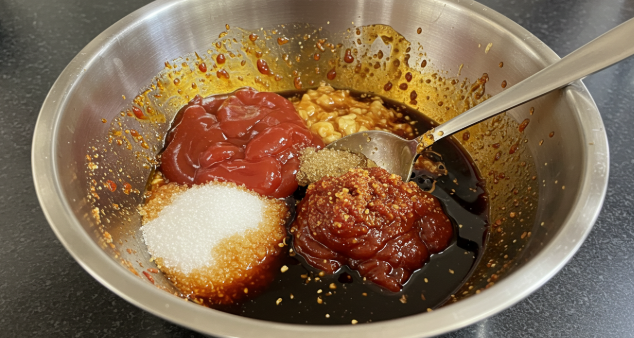 큰 볼에 케첩, 고추장, 간장, 설탕 등 양념 재료들이 담겨 있다.