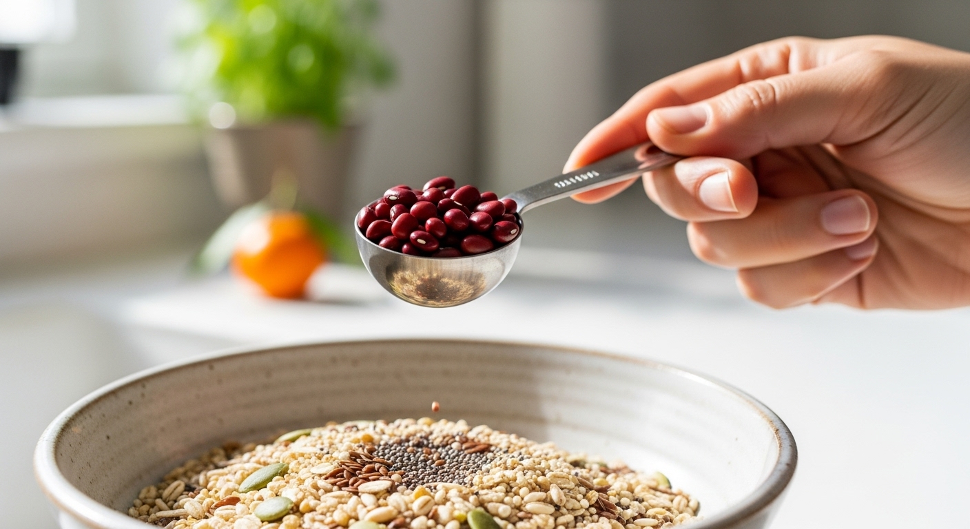 혈당 조절을 돕는 팥의 효능을 시각화한, 다양한 곡물과 함께 준비되는 팥