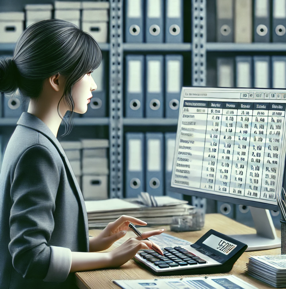  회계사가 임금을 계산하고 있는 상세한 장면. 