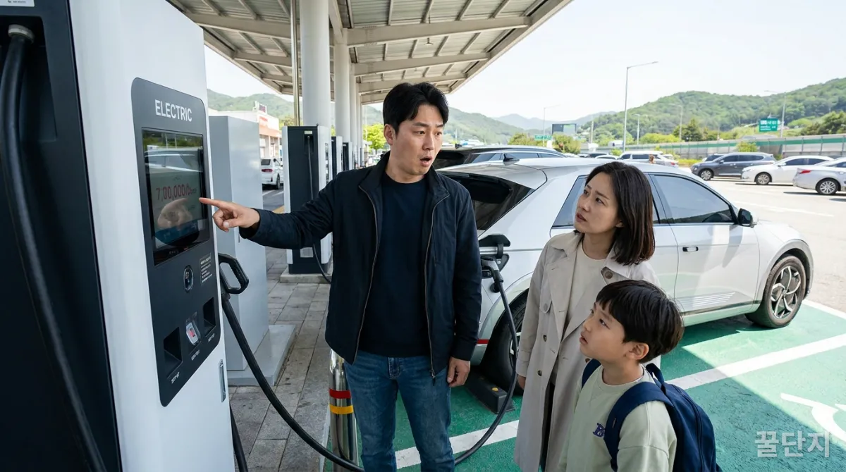 고속도로 휴게소에서 전기차 급속 충전 요금을 확인하는 가족
