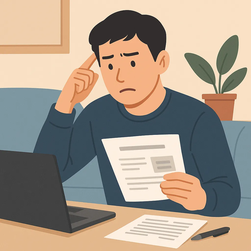 배당 세금 문서를 검토하며 고민하는 남성