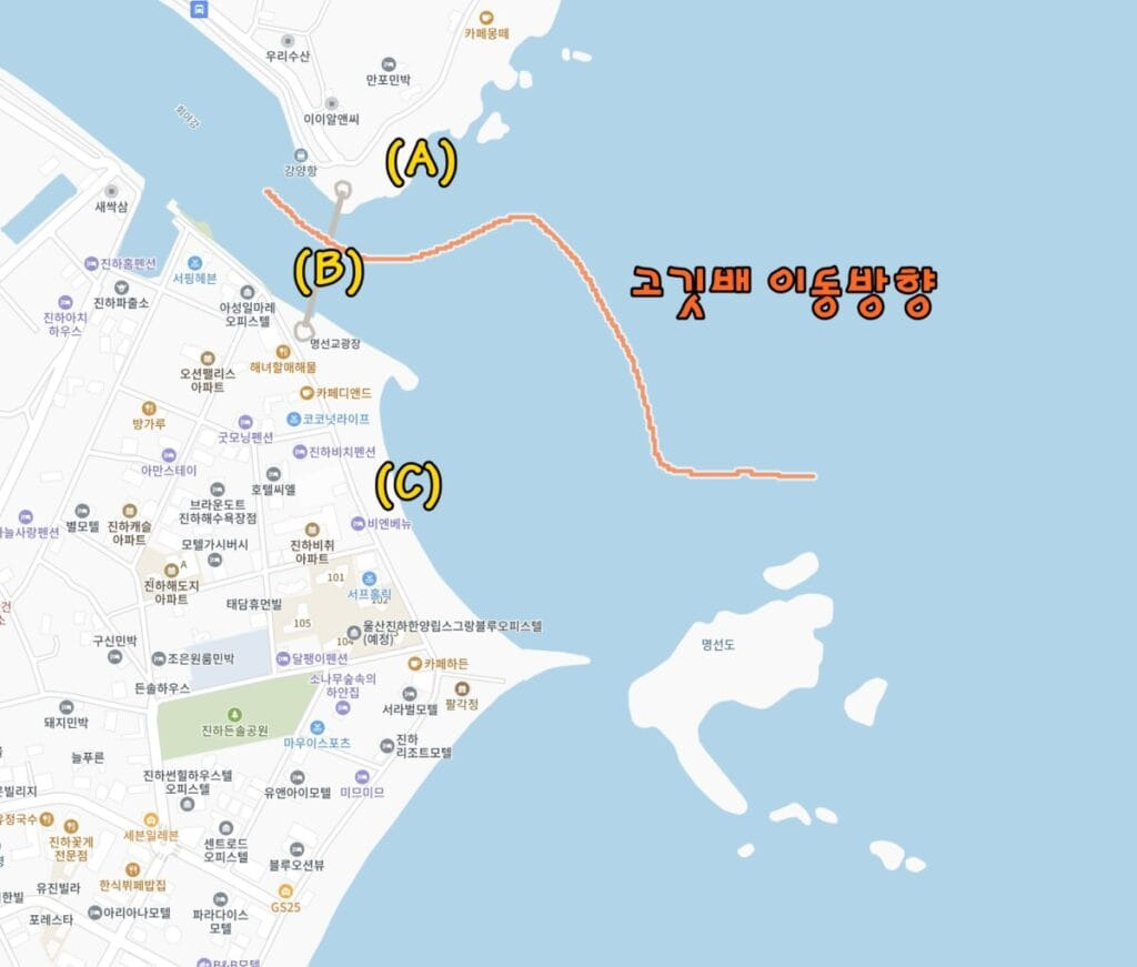 진하해수욕장 강양항 명선교 일출 촬영 포인트 A B C 지도