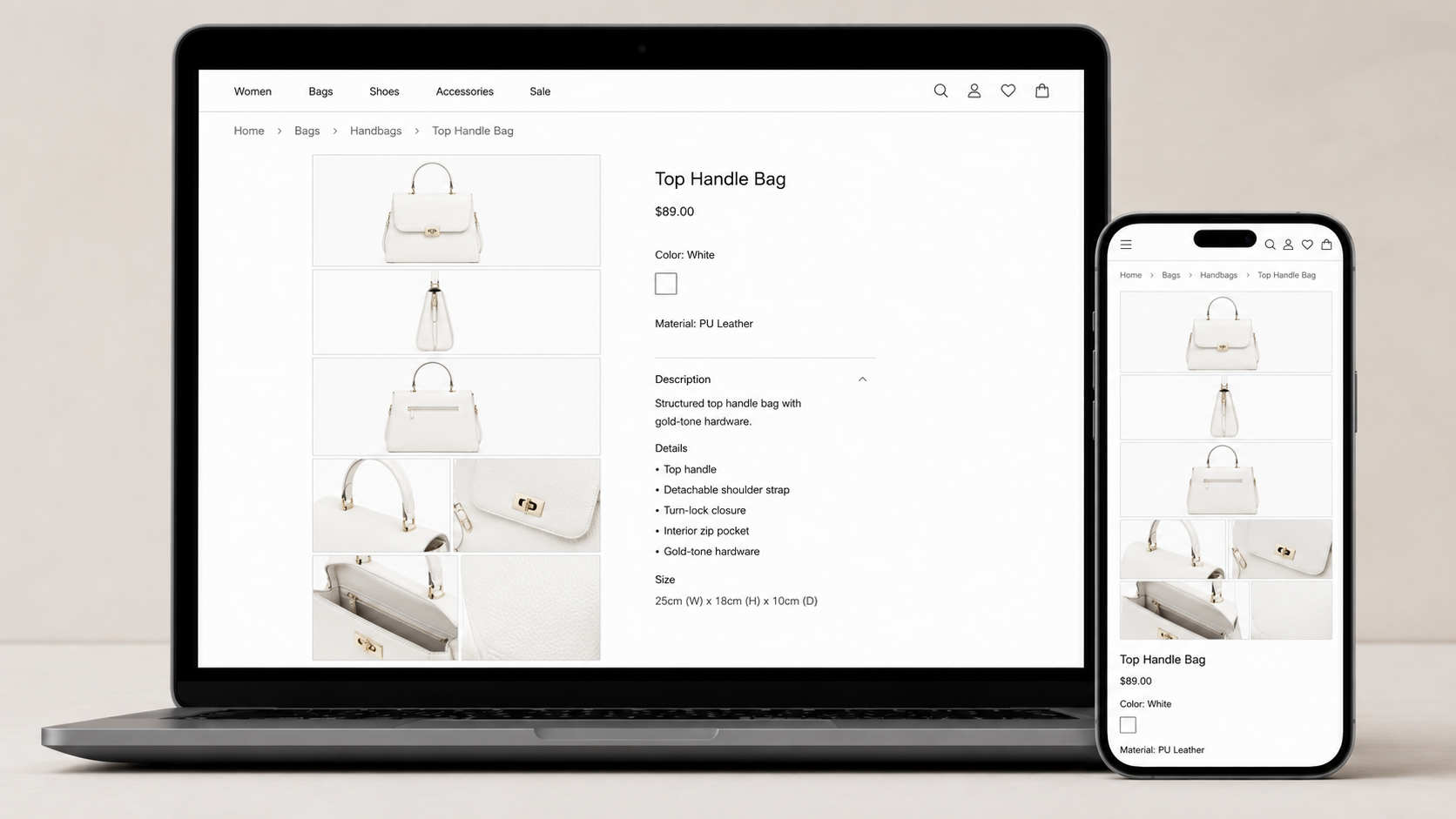 Traditional fashion accessory detail page that only lists product photos from different angles with basic information