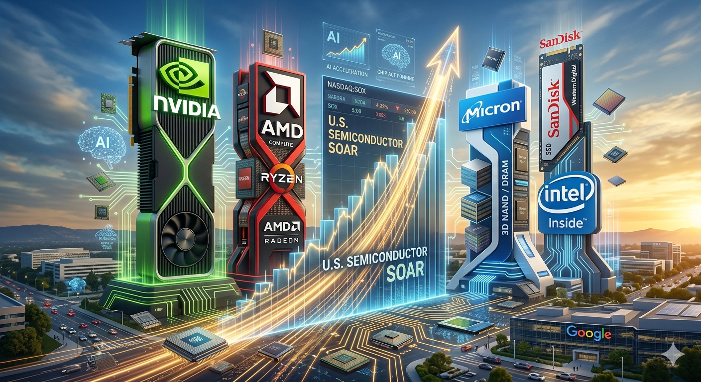 AI 반도체 시장의 급격한 성장을 상징하는 그래픽으로, 엔비디아(NVIDIA), AMD, 마이크론(Micron), 인텔(Intel) 등 주요 글로벌 반도체 기업들의 로고가 미래지향적인 도시 빌딩 형태로 형상화되어 있고, 우상향하는 주가 그래프와 함께 'U.S. SEMICONDUCTOR SOAR'라는 문구가 강조된 모습