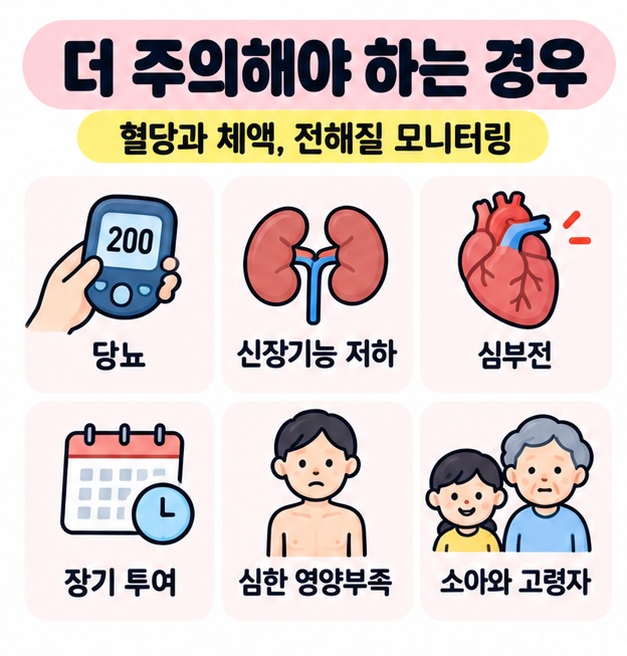 당뇨, 신장기능 저하, 심부전, 장기 투여, 심한 영양부족, 소아와 고령자에서 포도당 주사를 더 주의하도록 정리한 카드