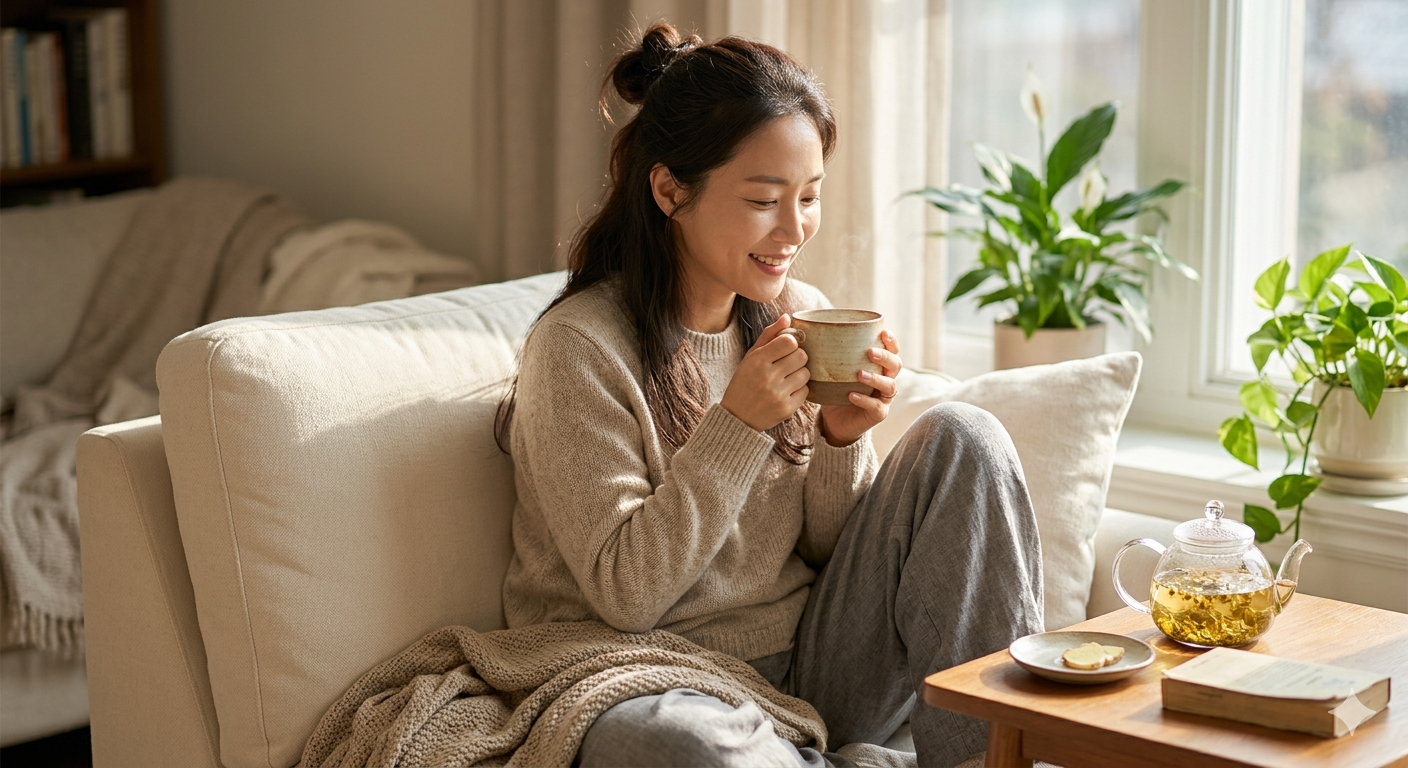 "따뜻한 afternoon sunlight 아래 세라믹 mug 가득 담긴 역류성 식도염 완화 차를 사색하며 마시는 Korean 여성의 모습이 포함된 건강 정보 블로그 이미지"