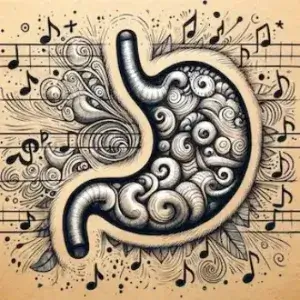 시끄러운 음악처럼 큰 소리가 나고 있는 위장.