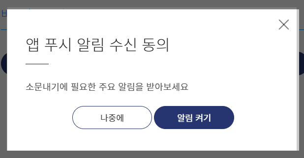 앱 푸시 알림 수신 동의 선택 화면 사진