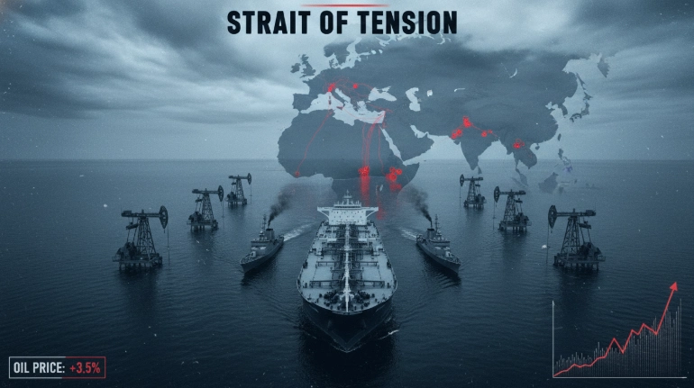 중동 지도와 유조선, 유정 시추 시설이 보이는 호르무즈 해협 배경으로 미&middot;이란의 긴장감 높은 지정학적 갈등과 국제유가 상승 위험을 상징하는 이미지