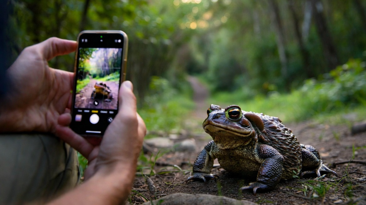 스마트폰 앱을 활용해 두꺼비 관찰 데이터를 기록하는 시민 과학자